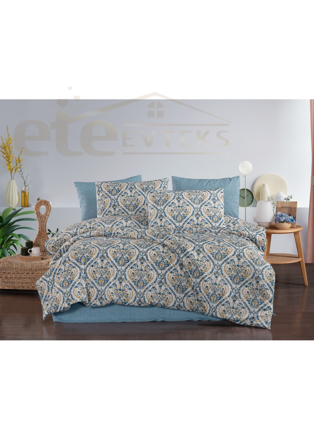 ETEHOMETEX Çift Kişilik Ranforce Pamuklu Lastikli Çarşaflı Nevresim Takımı AKSU MAVİ 8696474232054